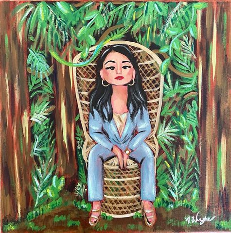 Commissioned artwork by Alexandra Wuyke Art. Woman sitting on a chair in the forest.