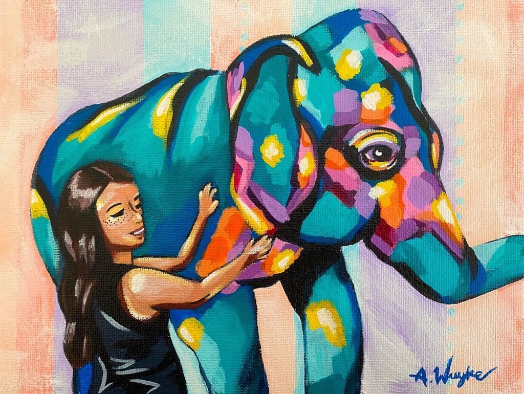Acrylic Original Commissioned artwork by Alexandra Wuyke Art. Woman with elephant.