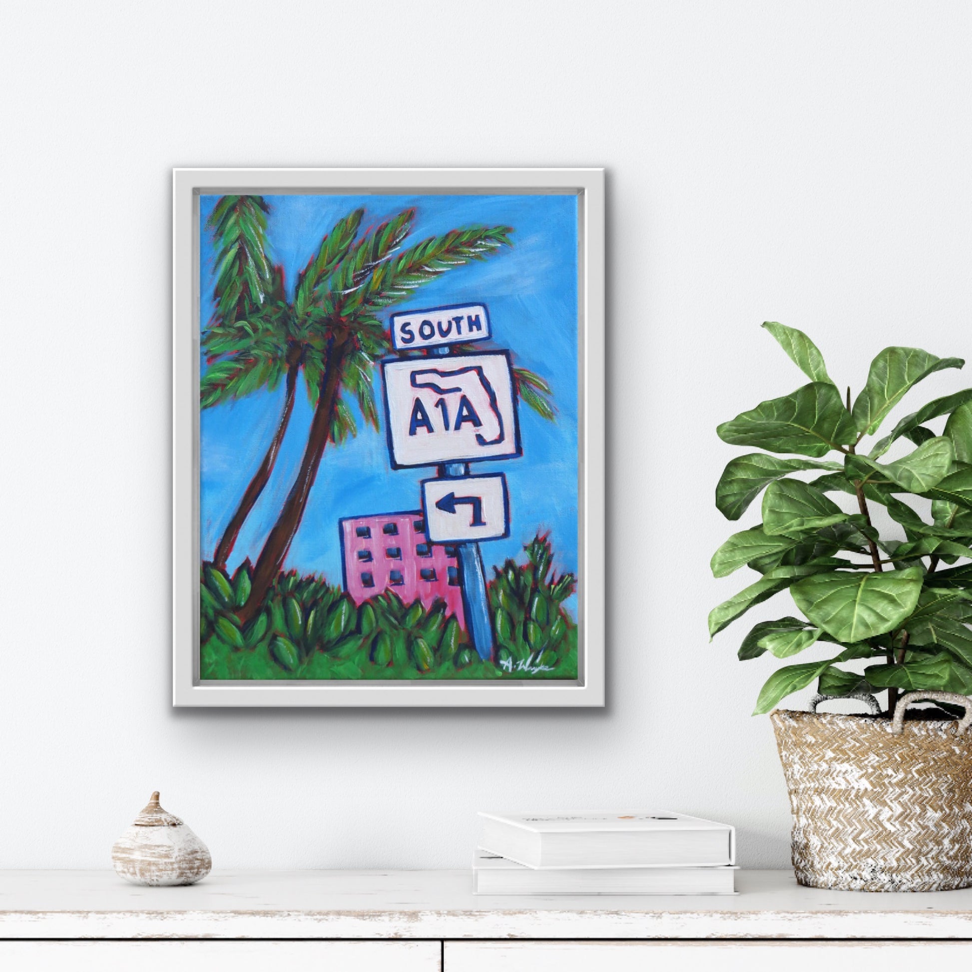 Boston Travel Artist Alexandra Wuyke Art painting "a1a" hangs over a desk in house.