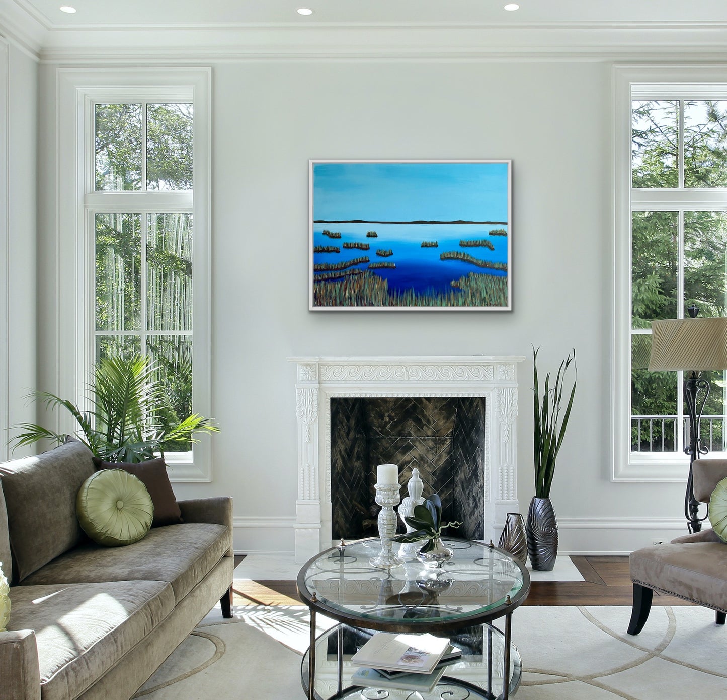 Boston Travel Artist Alexandra Wuyke Art painting "Everglades" hangs over a fireplace in a living room.