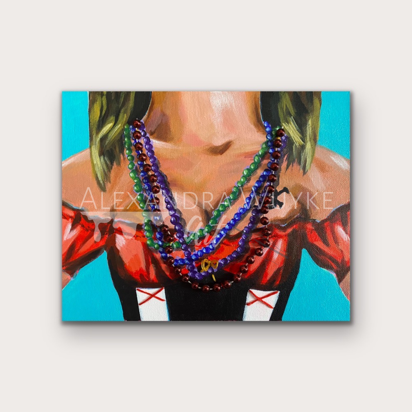 Painting by Alexandra Wuyke Art depicting a "gasparilla girl" wearing beads.